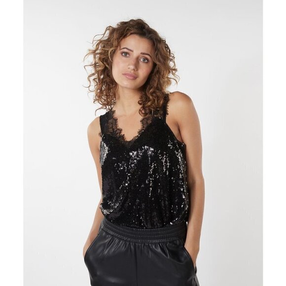 NWT ESQUALO Black Sequin & Lace Top - Picture 6 of 9